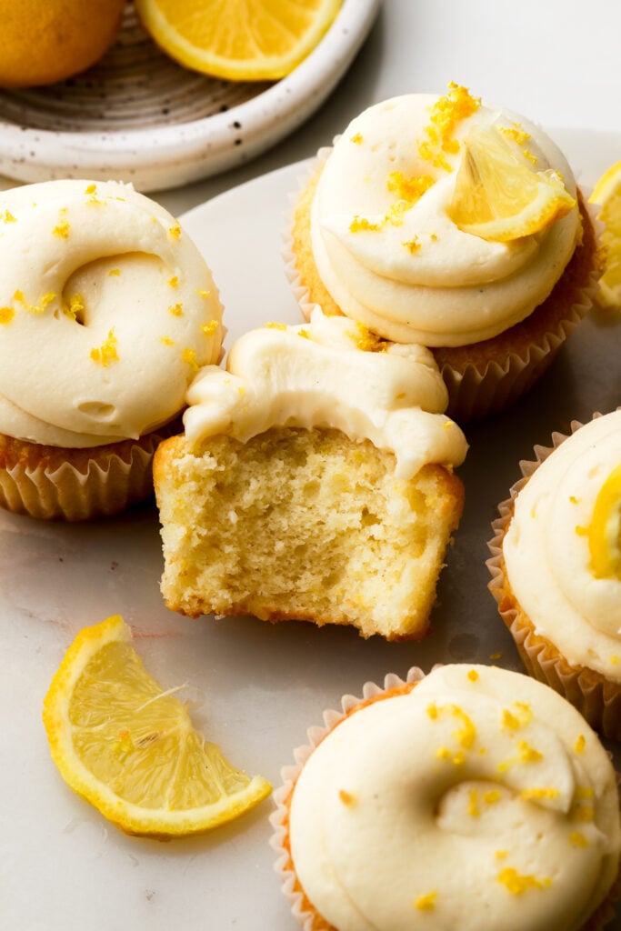 bite taken out of a lemon cupcake
