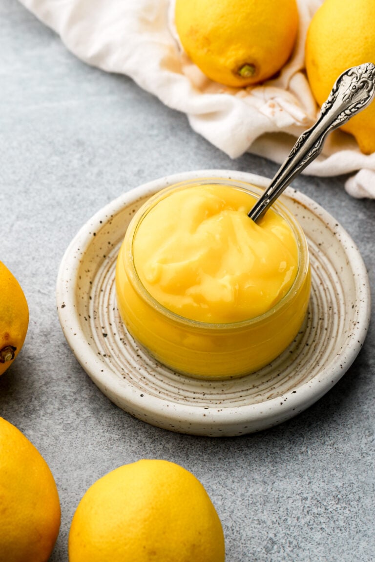 homemade lemon curd in a shallow jar