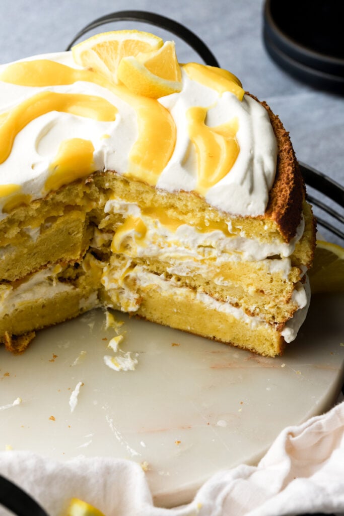 lemon curd cake sliced into