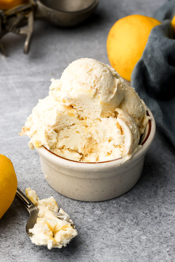 brown butter lemon ice cream scoops in a small bowl
