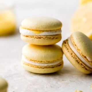 lemon macarons with cream cheese frosting and lemon curd