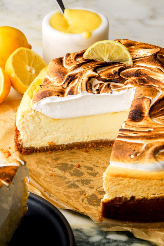 close up of the inside of a lemon meringue cheesecake