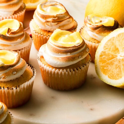 Lemon meringue cupcakes topped with meringue