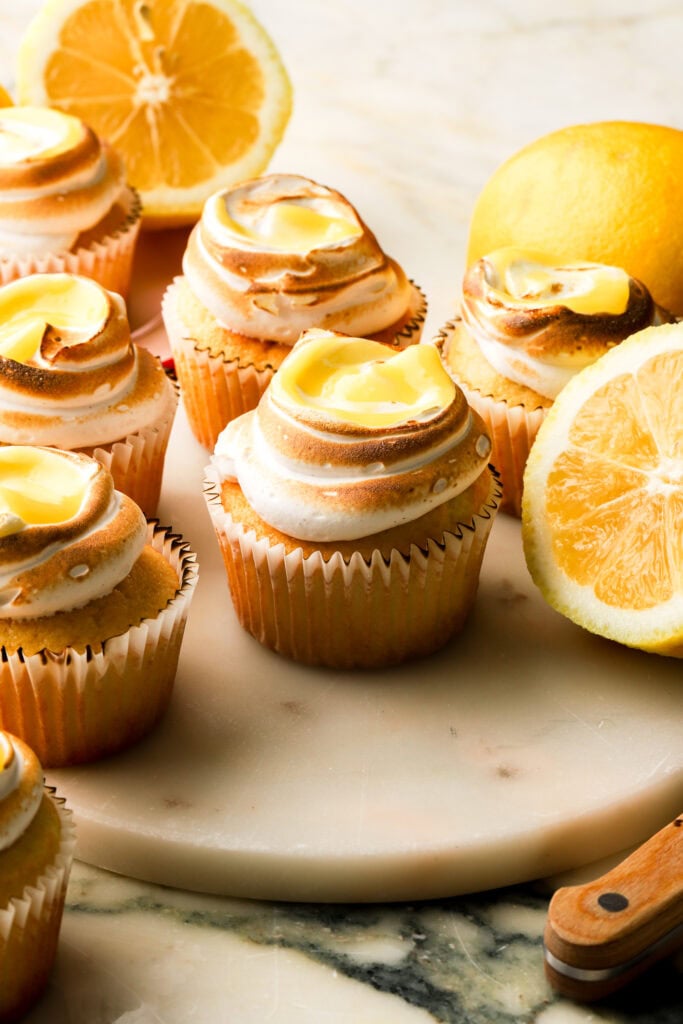 Lemon meringue cupcakes topped with meringue