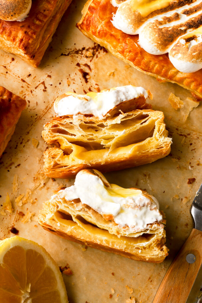 lemon meringue toaster strudels sliced in half to show the inside