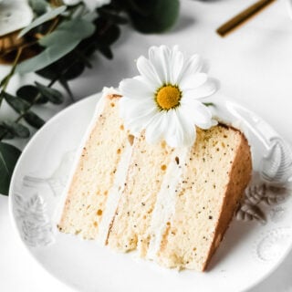 slice of lemon poppyseed cake with a flower