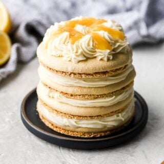macaron cake with cream cheese frosting and lemon curd