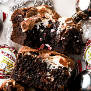 close up of peppermint brownies with bite taken out