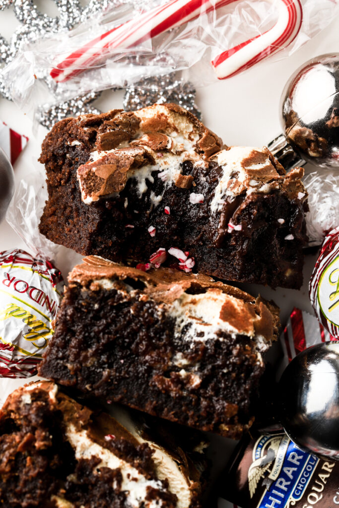close up of peppermint brownies with bite taken out