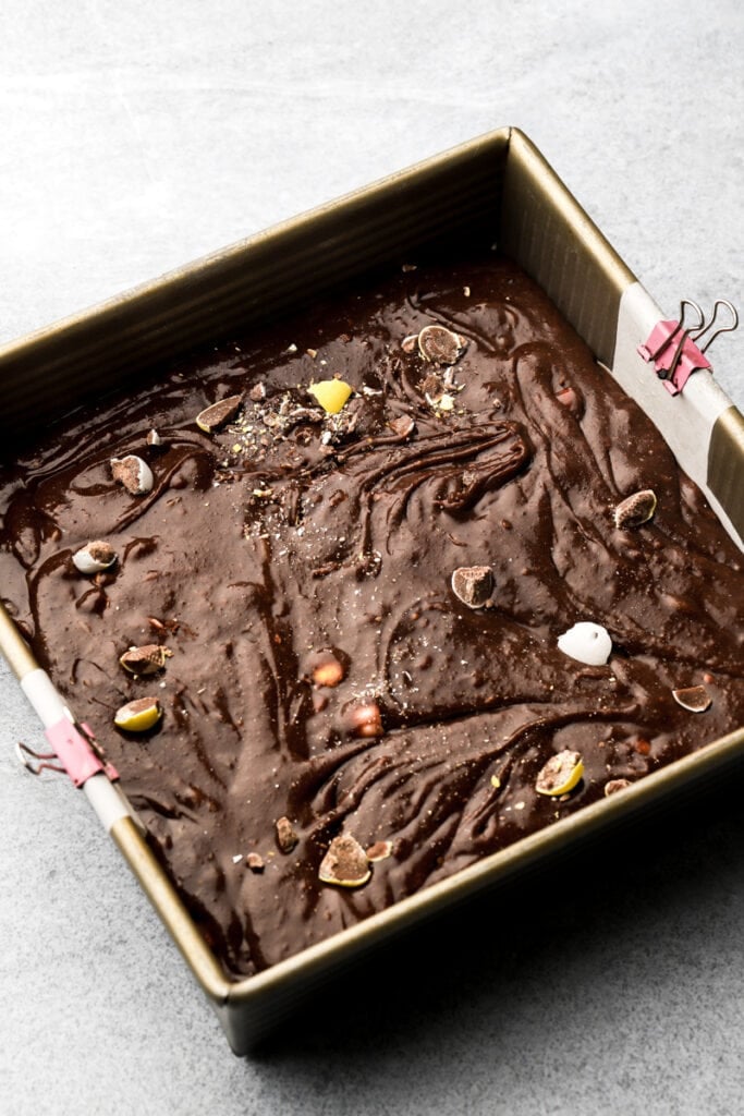 finished brownie batter in pan