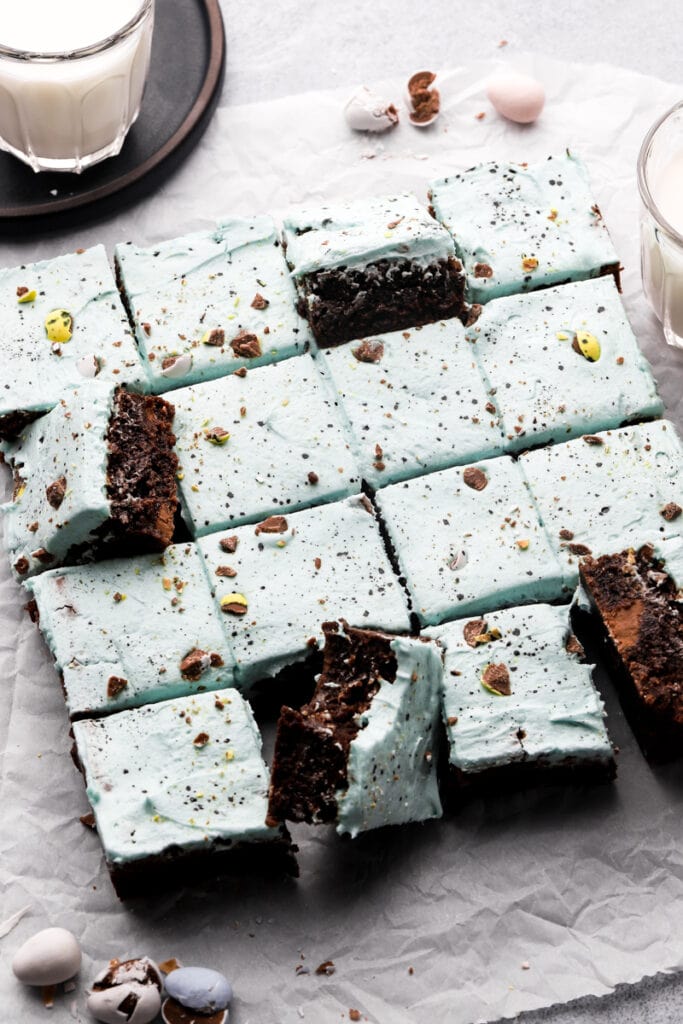 frosted mini egg brownies with milk
