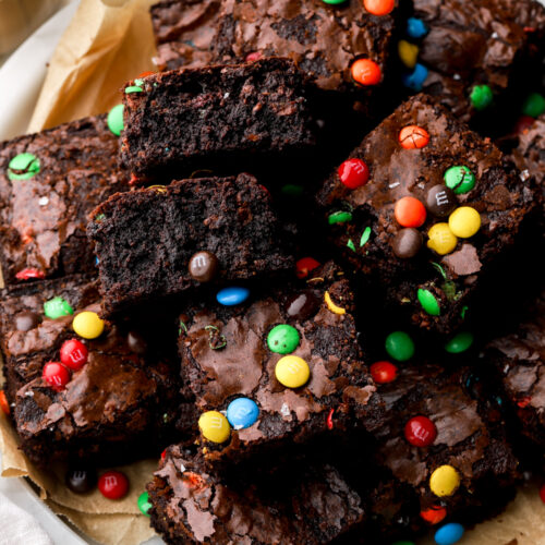 M&M Brownies sliced in a marble tray