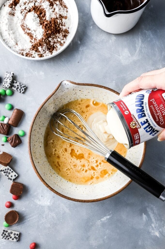 combine the wet ingredients, add sweetened condensed milk