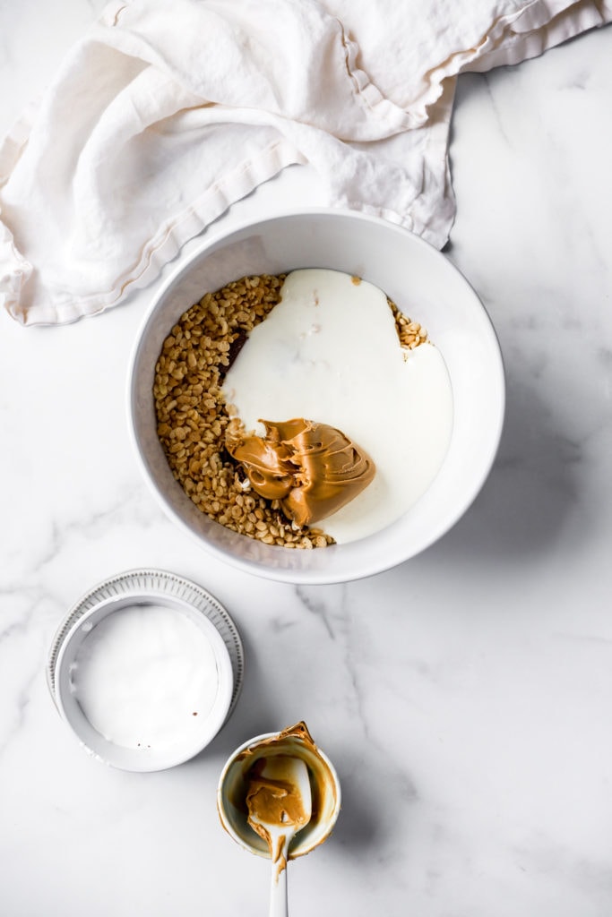 Combine melted marshmallows, peanut butter and rice krispies cereal