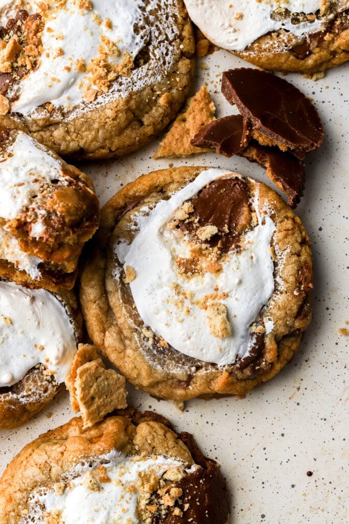 peanut butter s'mores cookies on a cookie sheet