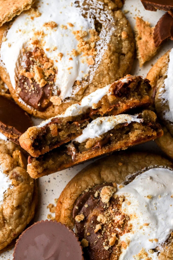 peanut butter s'mores cookies broken in half