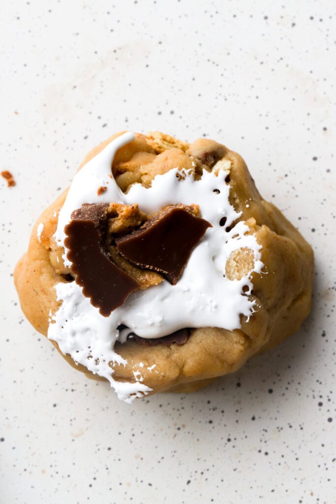 close up of cookie dough balls with marshmallow fluff