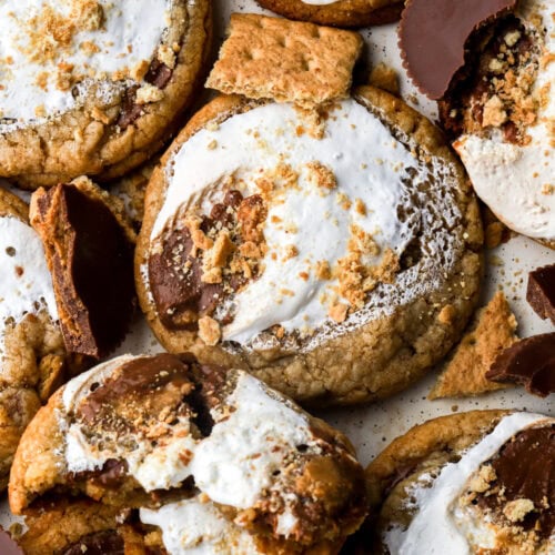 peanut butter s'mores cookies on a cookie sheet