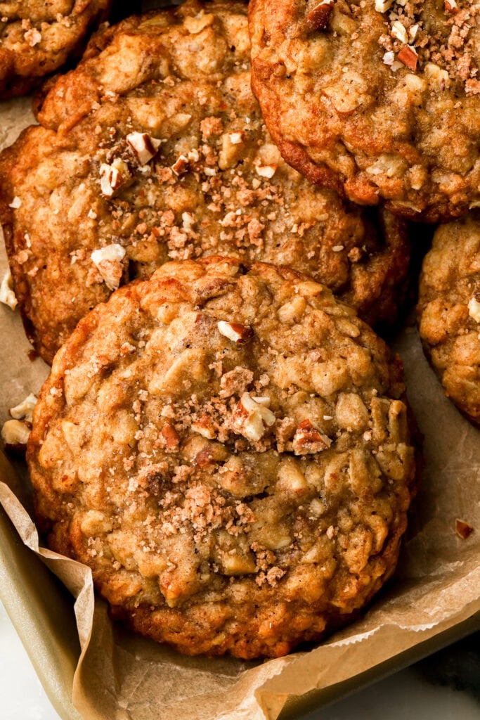 close up of a pecan oatmeal cookie