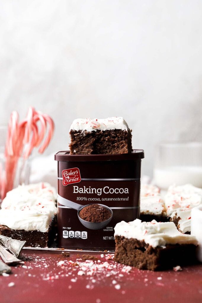 chocolate peppermint cake with cocoa powder box
