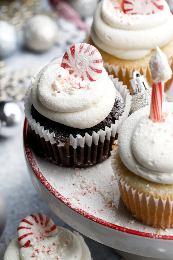 chocolate peppermint cupcakes frosted with north pole decoration