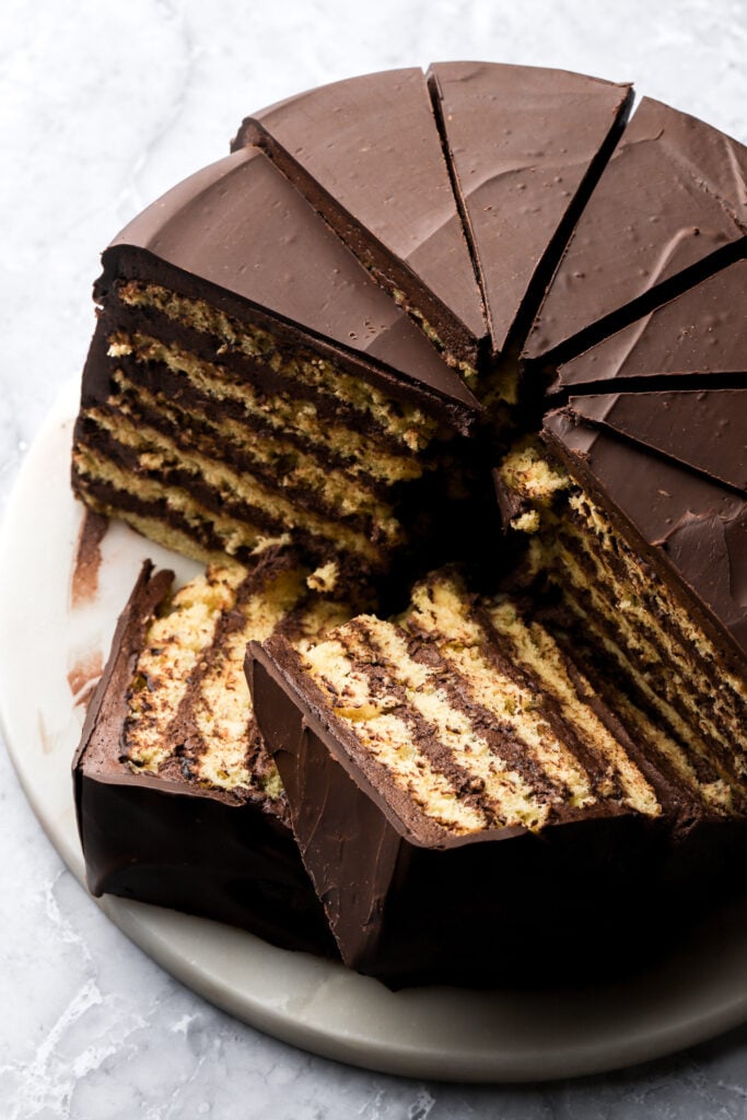 prinzregententorte frosted with chocolate creme mousseline