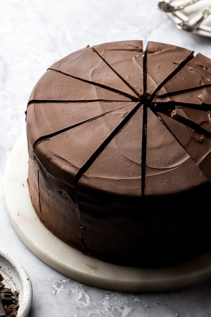 chocolate spread on cake and scored