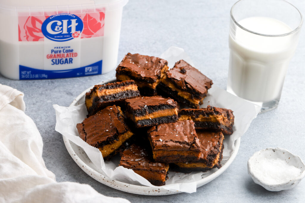 brownies in a plate next to c&h sugar box