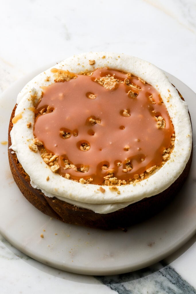 salted caramel sauce drizzled on top of graham crackers