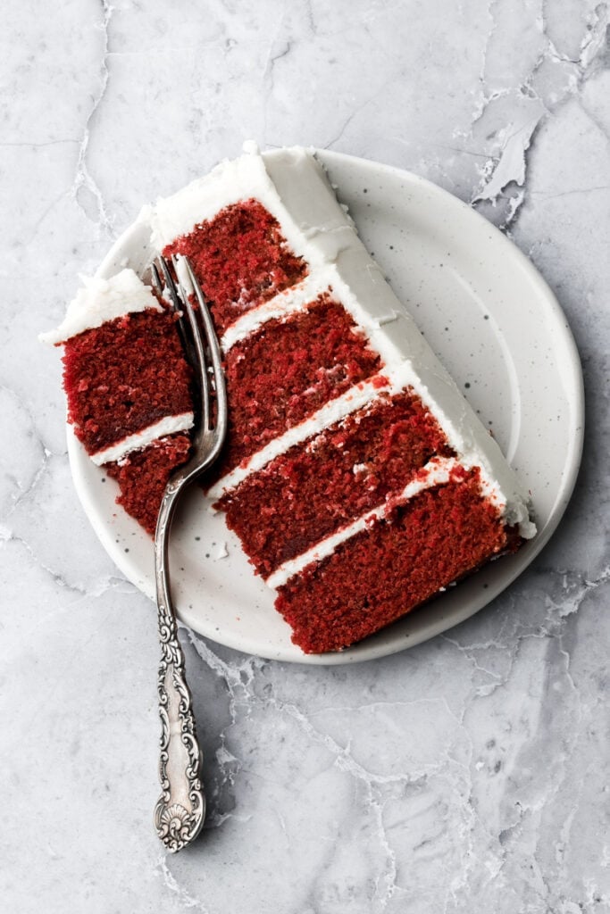slice of cake on a plate with a fork