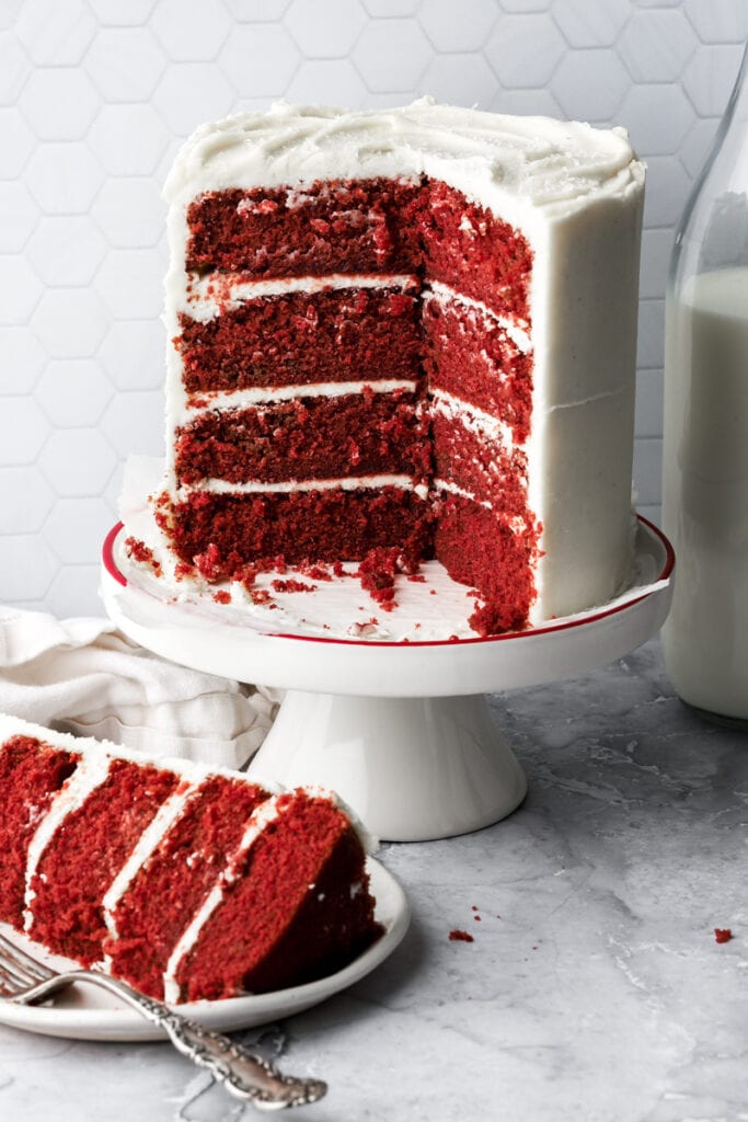 inside shot of cake on a cake stand