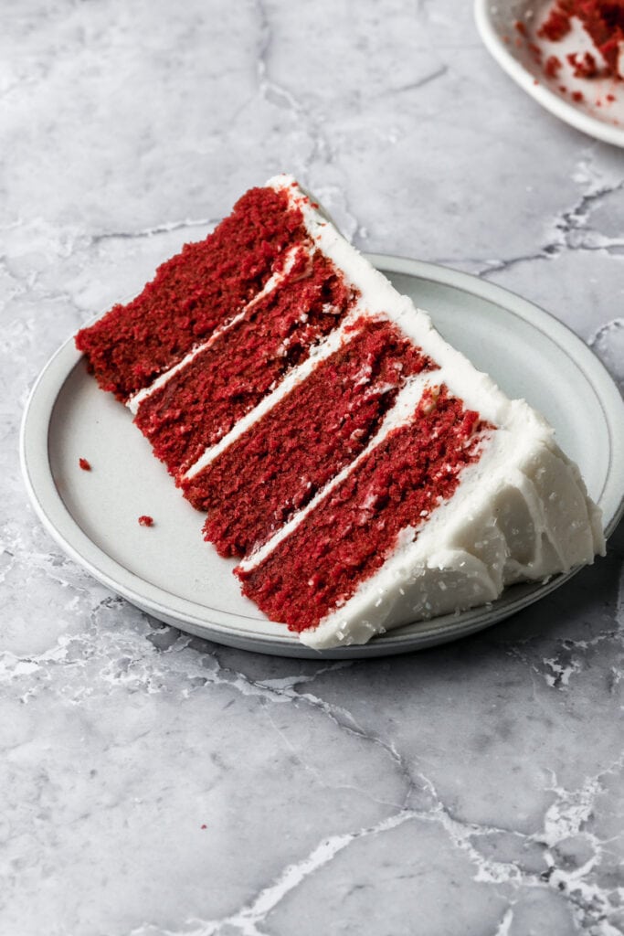 slice of red velvet cake on a plate