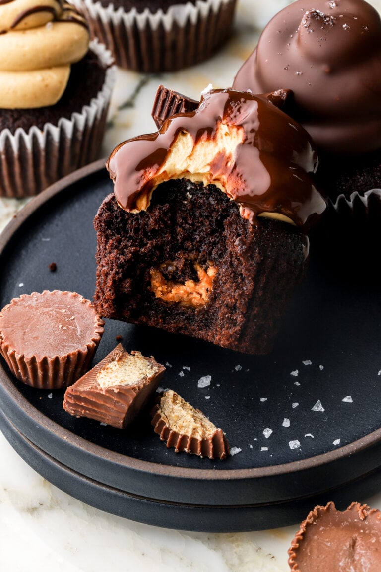bite taken out of a Reese's peanut butter cupcake