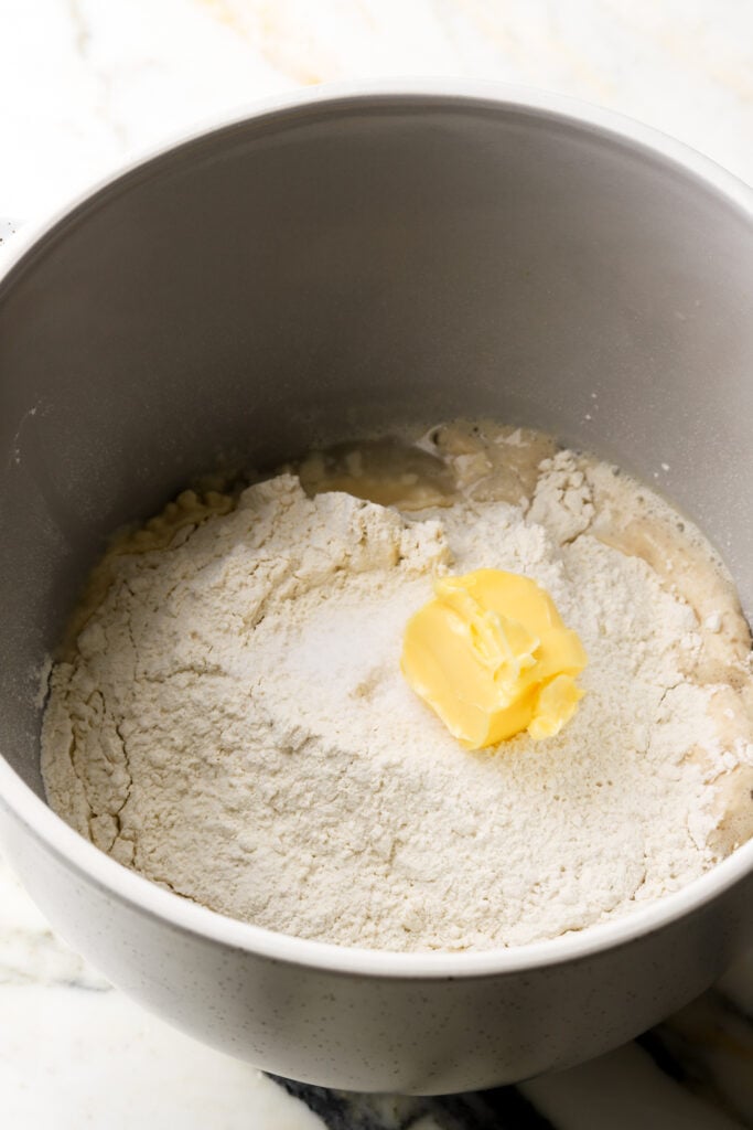 all the ingredients in the bowl of a mixer