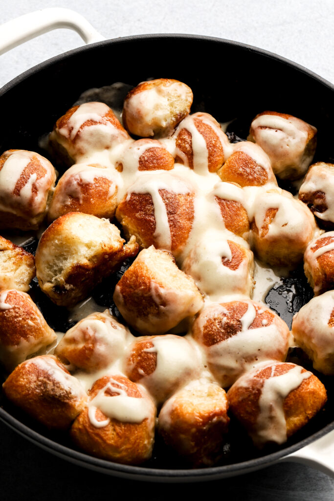 skillet monkey bread stuffed with cinnamon roll filling