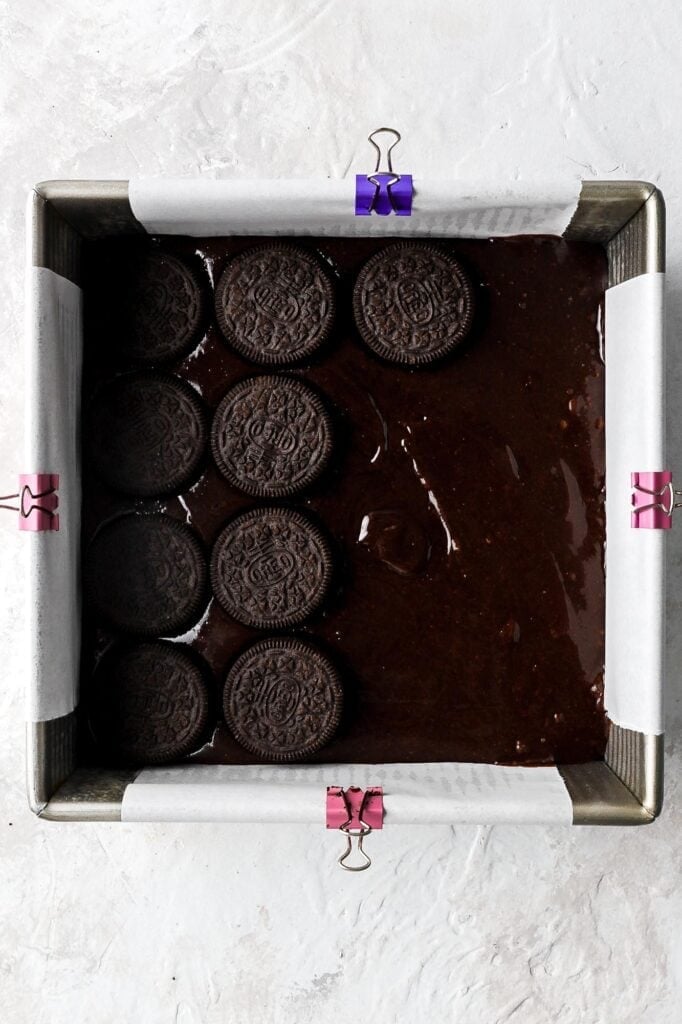 brownie layer topped with oreos