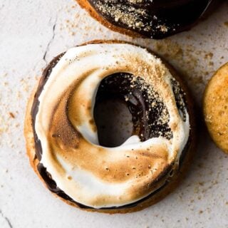 s'mores donuts with chocolate ganache and toasted marshamllow fluff