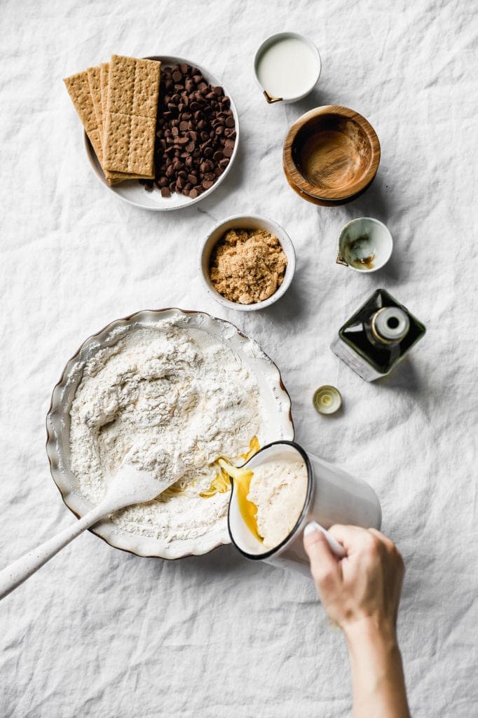milk, yeast and oil into flour