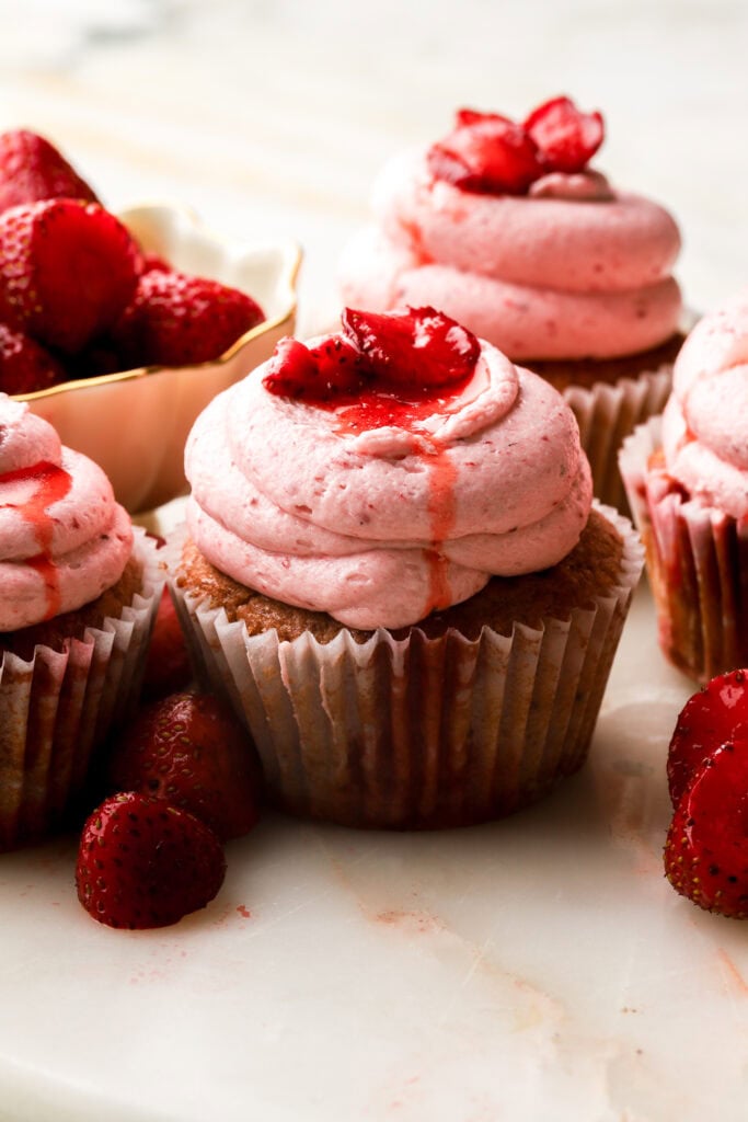 close up of strawberry cupcakes 
