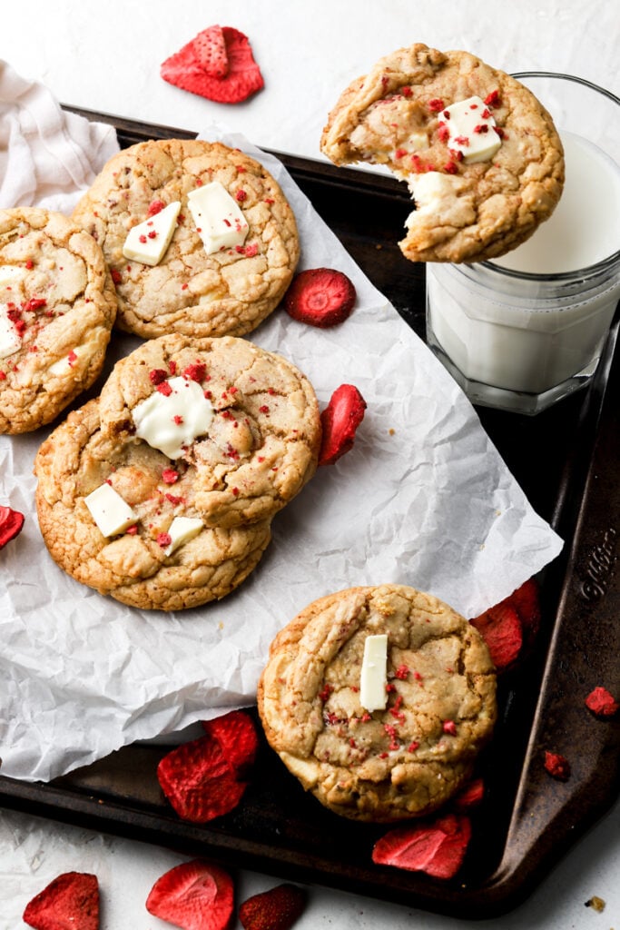 cookies on a cookie sheet with milk