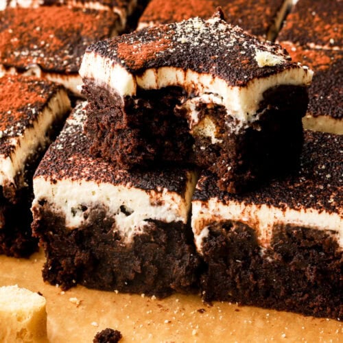 Tiramisu brownies slice and close up with a bite taken out