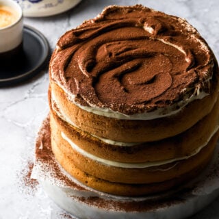 finished tiramisu cake topped with a cocoa dusting
