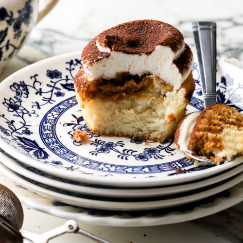 tiramisu cupcake with a bite taken out