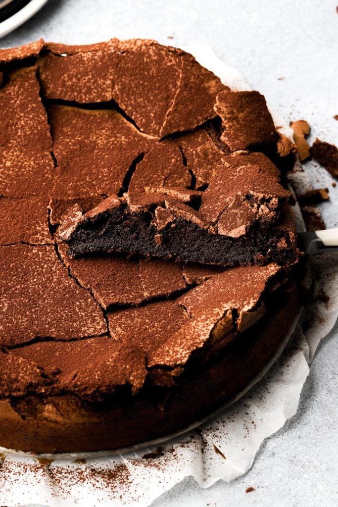 slice of flourless chocolate cake, showing the inside