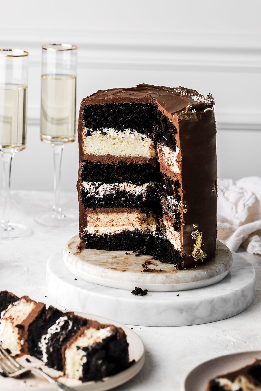 tuxedo cake sliced into