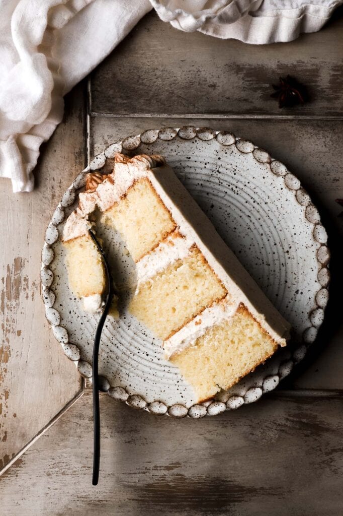 slice of cake on a plate with a fork