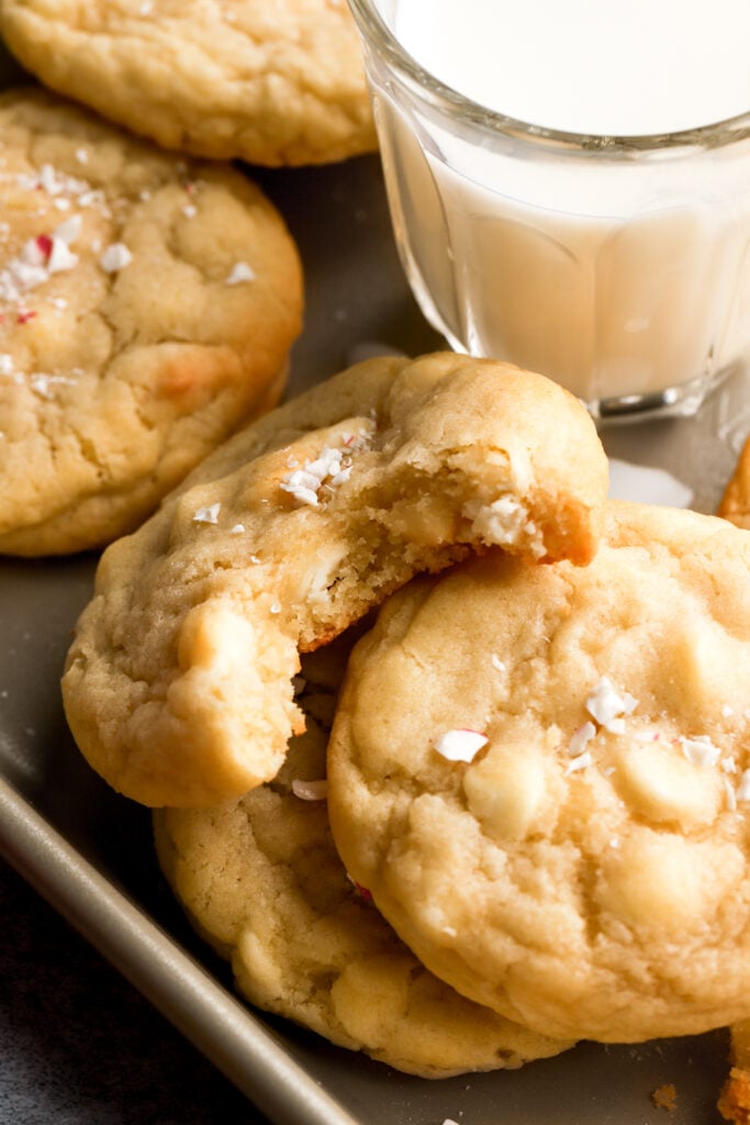 close up of a peppermint cookies with a bite taken out