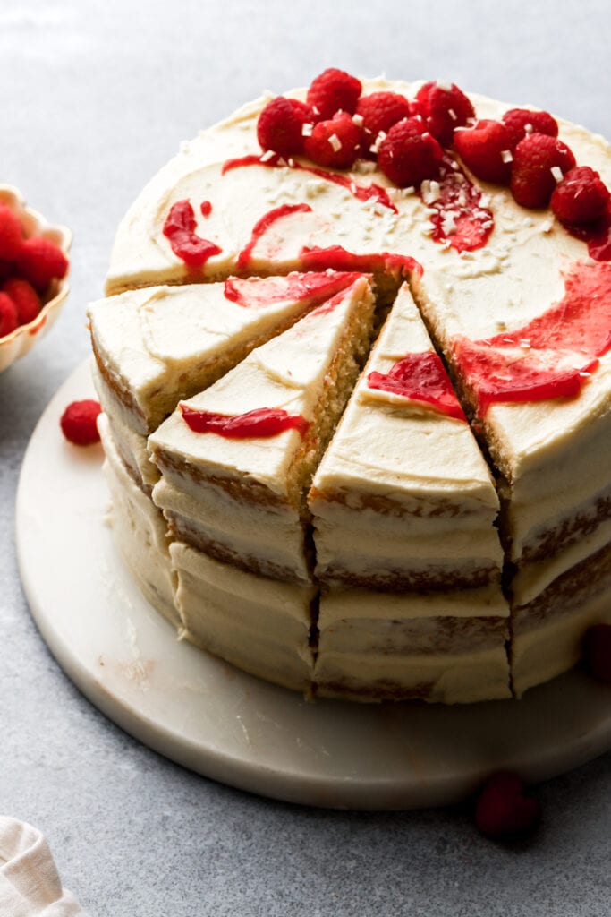 white chocolate raspberry cake sliced