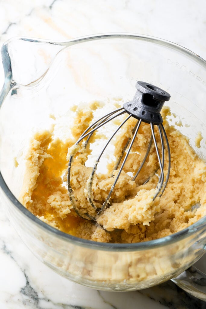 dry ingredients mixed with butter, oil and egg
