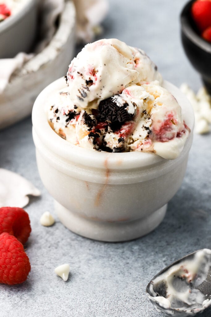 white chocolate raspberry ice cream in a bowl
